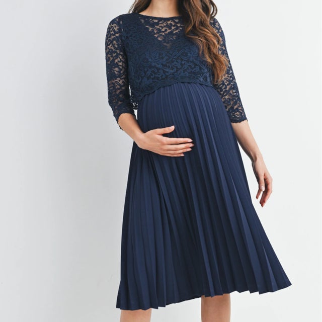 knee length dresses for ladies Grey Floral Lace Smocked Maternity Midi Dress – PinkBlush main image 1